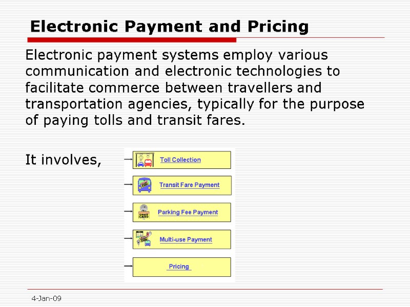 4-Jan-09 Electronic Payment and Pricing  Electronic payment systems employ various communication and electronic